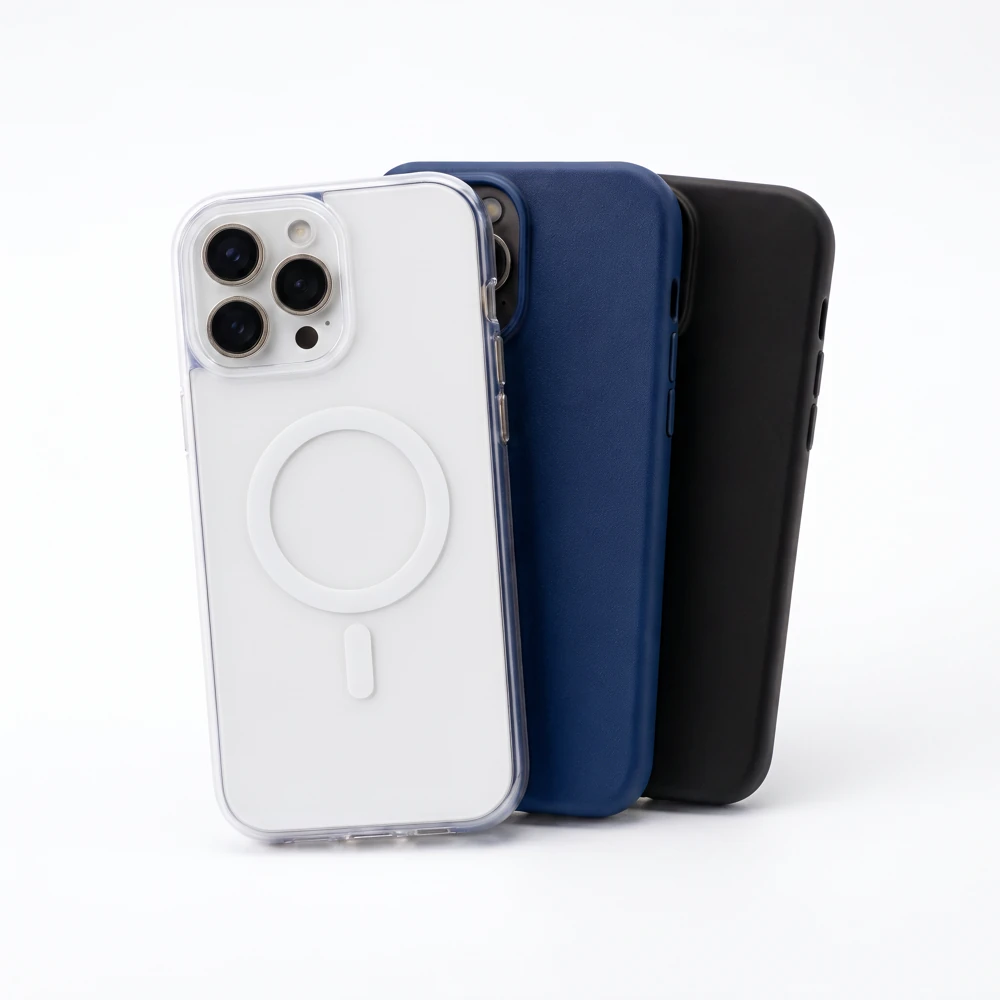 Phone cases in clear, blue and black finishes